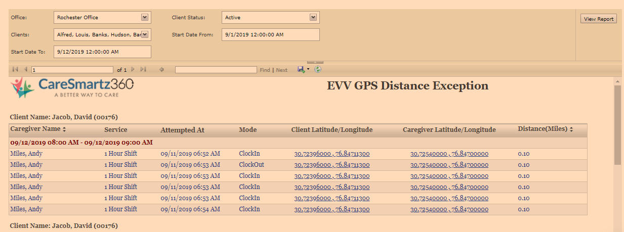 GPS Distance Exception Report