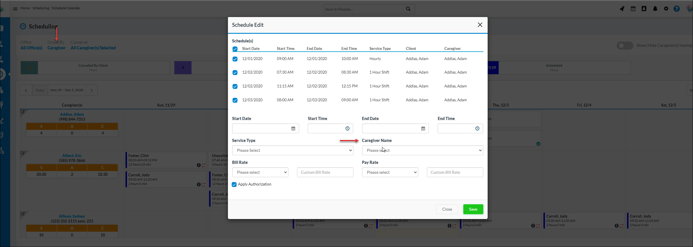 Allow users to change the caregiver shifts on Schedule calendar - Caresmartz Software Update