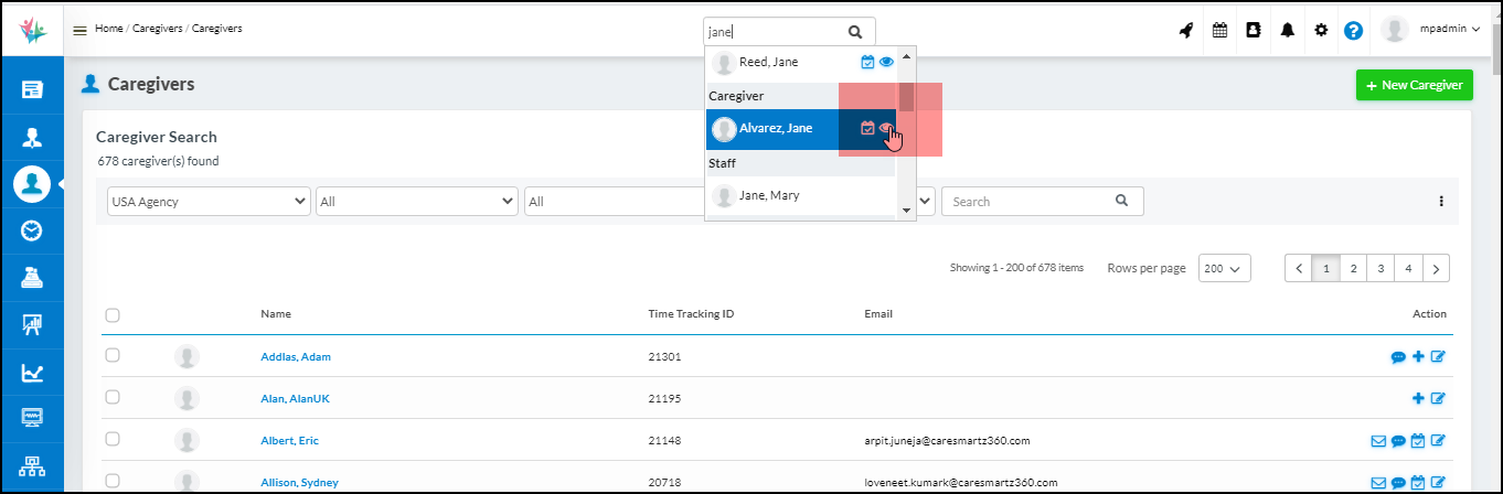 Clicking the caregiver's name from the list - Caresmartz Software Update