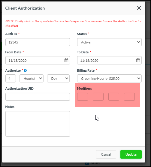 Ability to add service type modifiers from the authorization pop-up window.