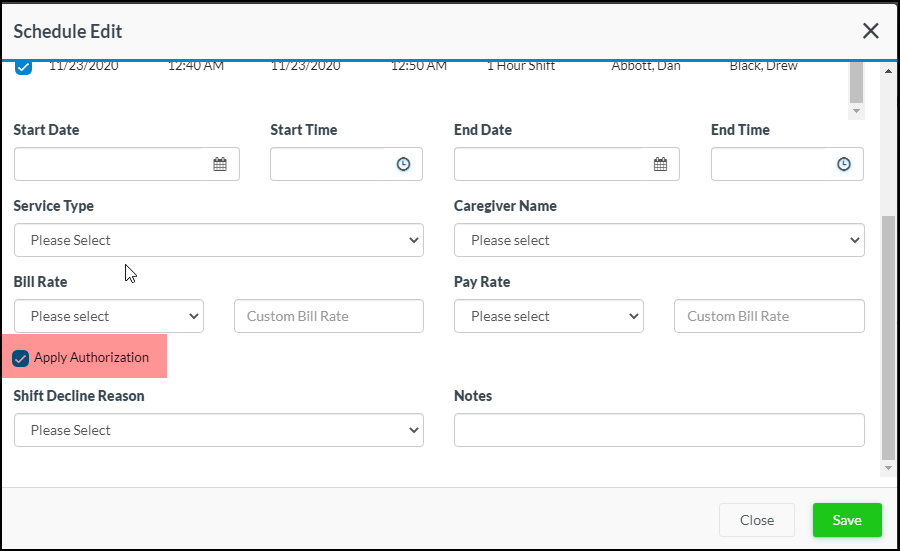 Schedule Calendar, the default value for Apply Authorization will be set as Checked.