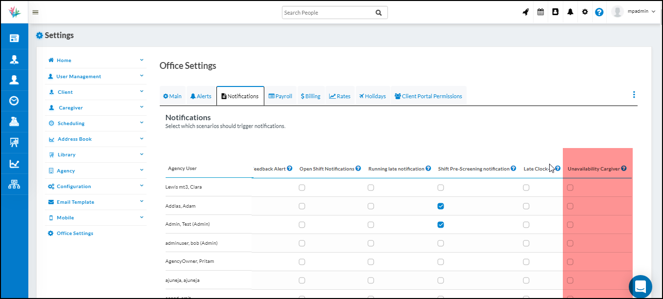 Caregiver Unavailability Notification to office user - Caresmartz Software Update