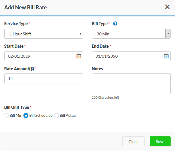 add new bill rate scheduled