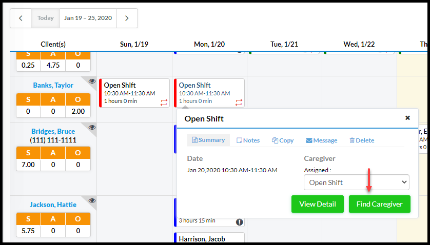 Find caregiver button on open shift schedule calendar