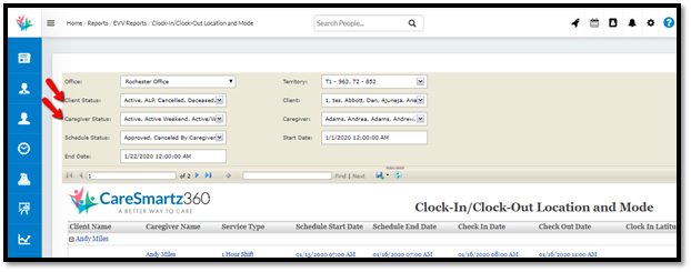 Report filter on evv report jan software update