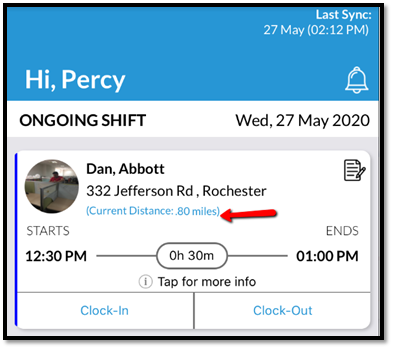 Showing the current distance of each caregiver from client's location on each shift. 