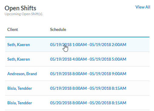 Find a Caregiver via Open Shift Widget on Dashboard 