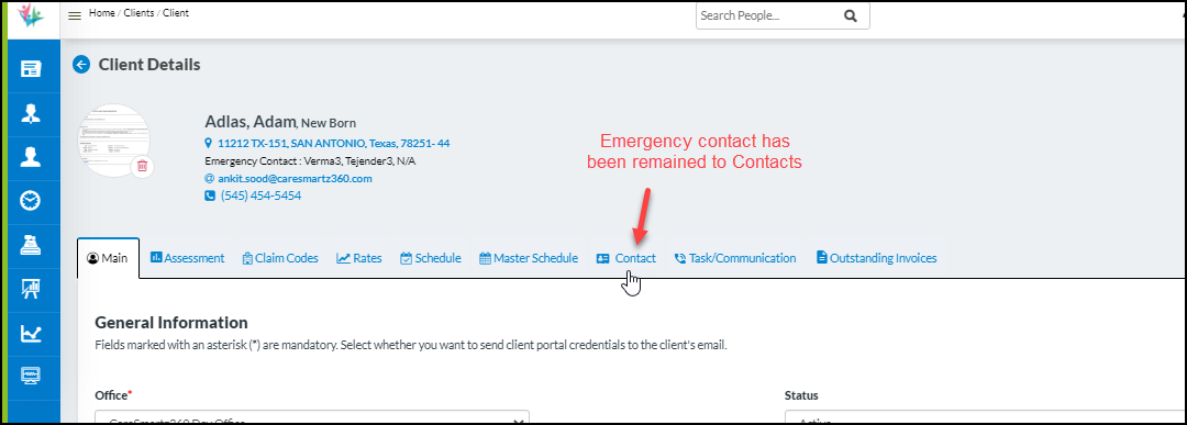 Emergency Contacts section are now updated to Contacts in the Client profile.