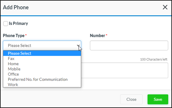 The phone panel allows you to add different phone numbers of various phone types 