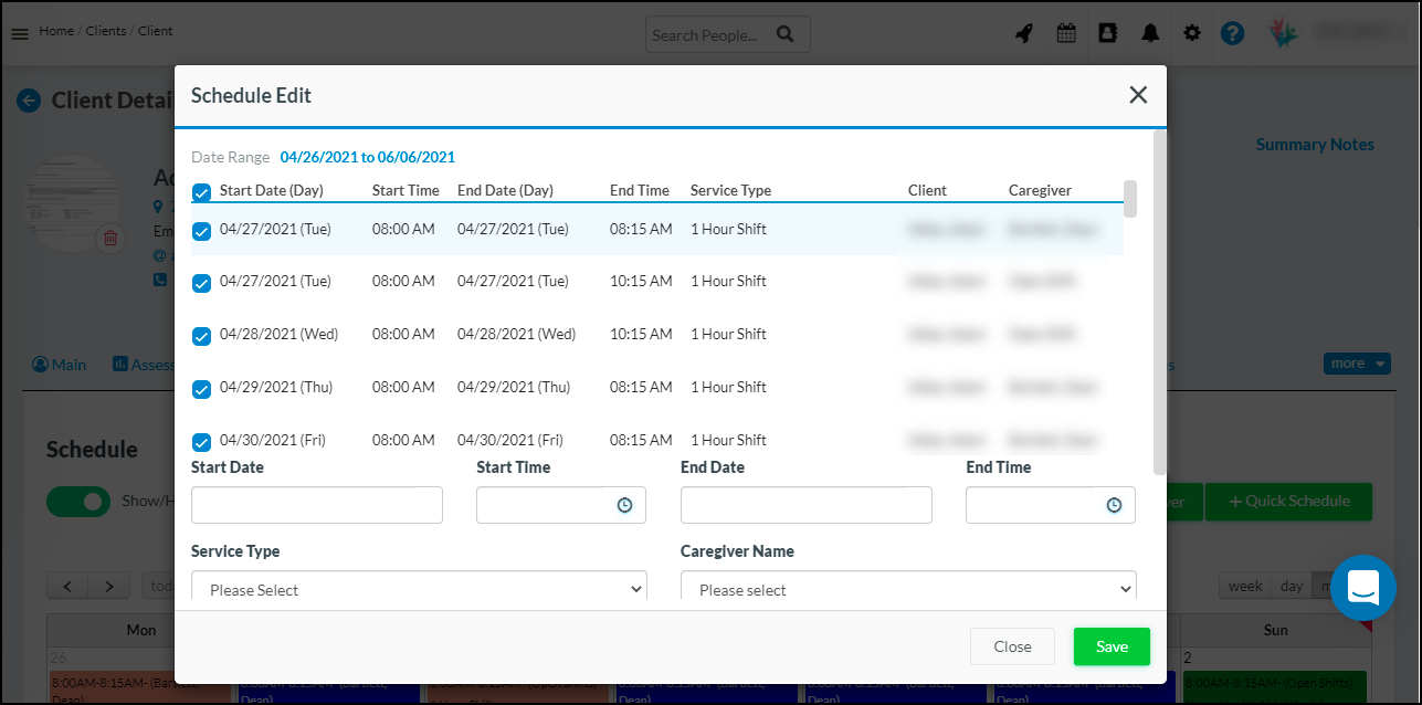 Ability to edit multiple schedules from client and caregiver schedule calendar