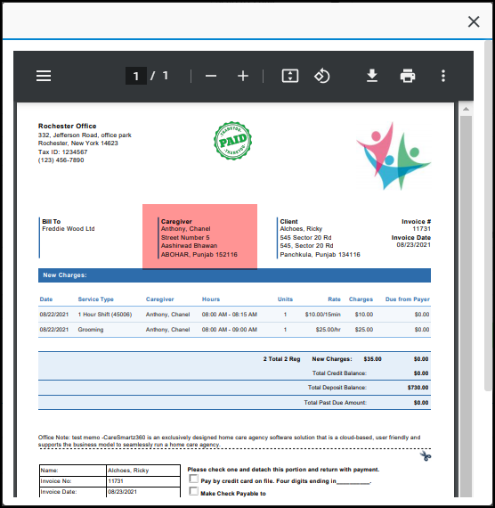Ability to print caregiver address on the invoices 