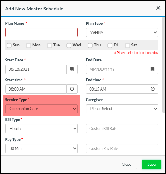Service Type” will now be prefilled while creating the Master Schedule