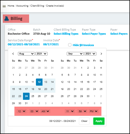 Added “Time” control with Date Range on Billing screens