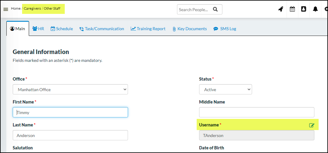 Allow to edit username in other staff section-CareSmartz360 update