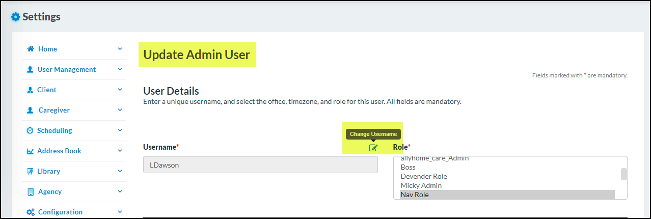 Allowing edit/update of usernames in admin user-CareSmartz360 update