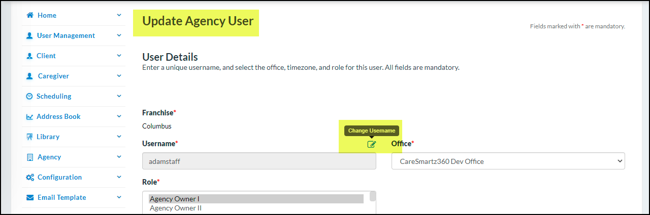 Allow to update of usernames in admin user-CareSmartz360 update