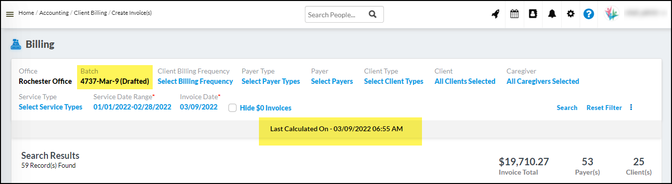 Saved as drafted batch in home care billing software window
