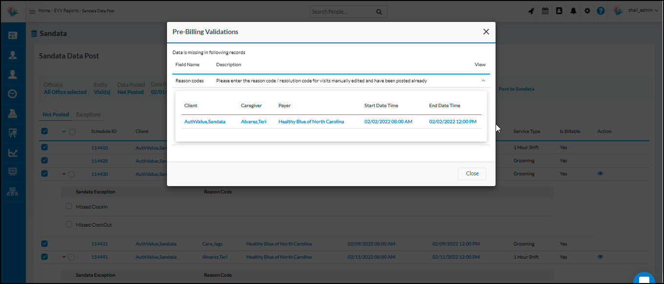 Home care EVV aggregator sandata pre-billing validation