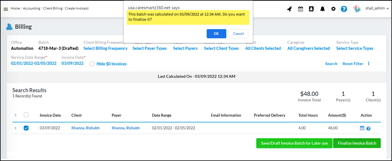 finalize batch alert in home care billing software window