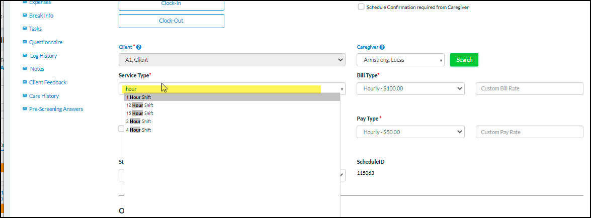 Caregiver's or Client’s name to view their number and profile link