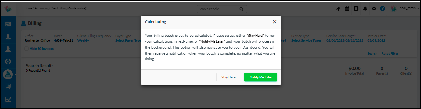 Update in home care billing software window