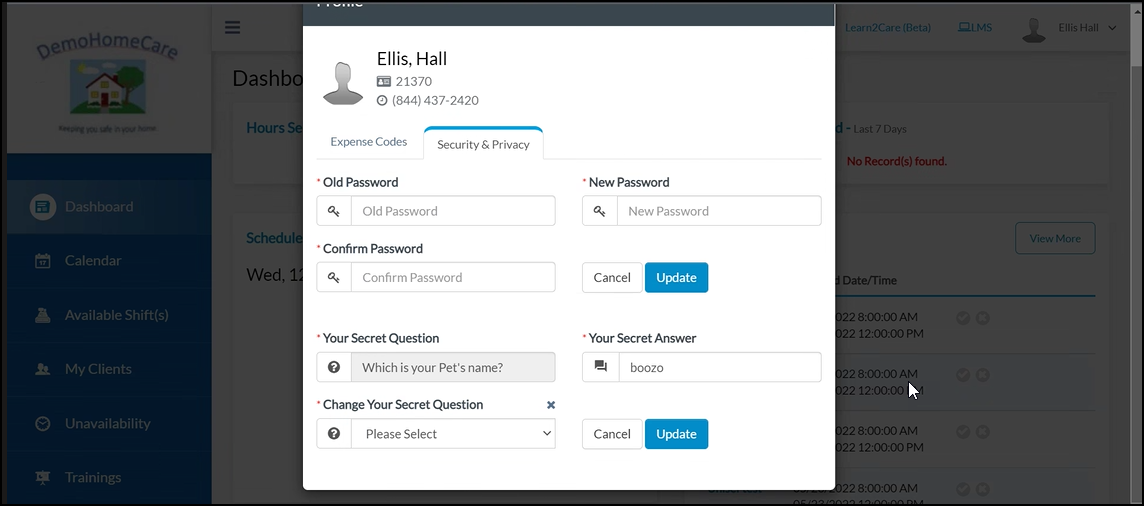 Security Question And Answer Update In Caregiver Portal & Mobile App