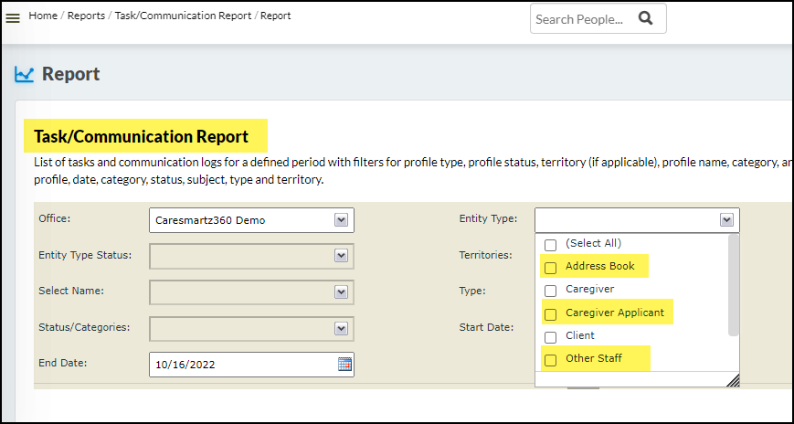 Additional Entities Tab in Task And Communication Report