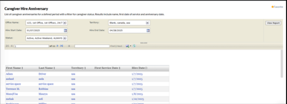 Caregiver portal update for caregiver hire anniversary report