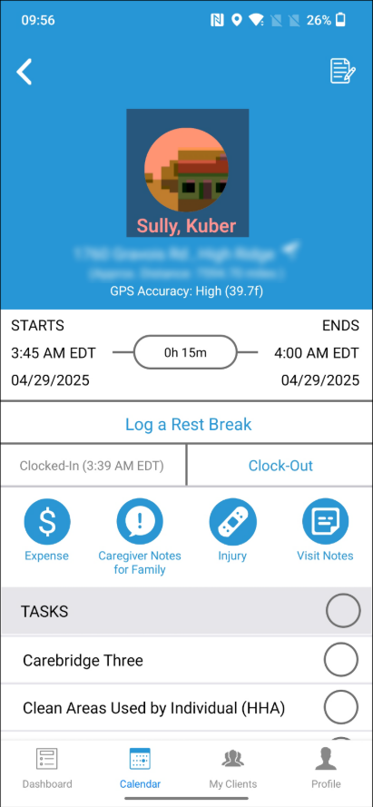 Caregiver mobile app with quick access to client details.