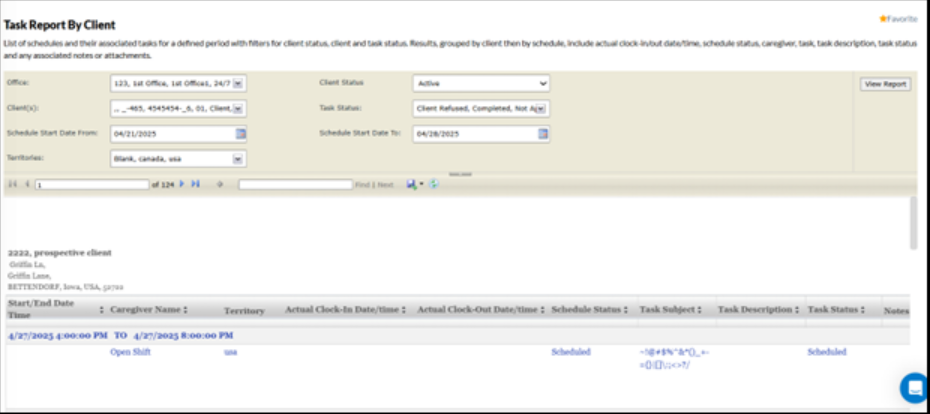 Caregiver app showing enhanced client task report