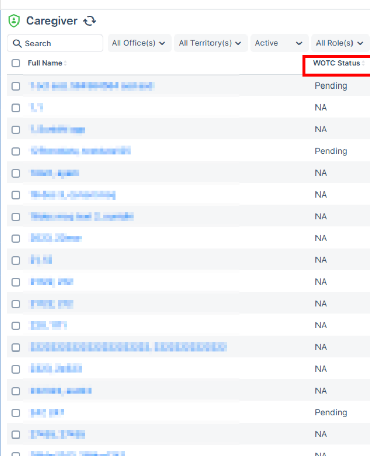  WOTC Status display in the new UI of caregiver applicant listing views