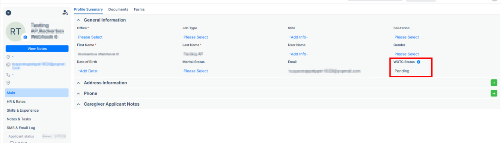 Caregiver profile updated with WOTC status field