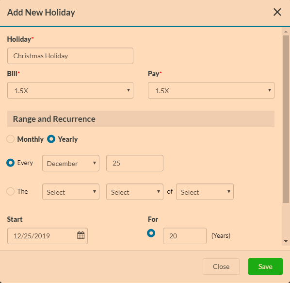 Recurrence Options for Holidays
