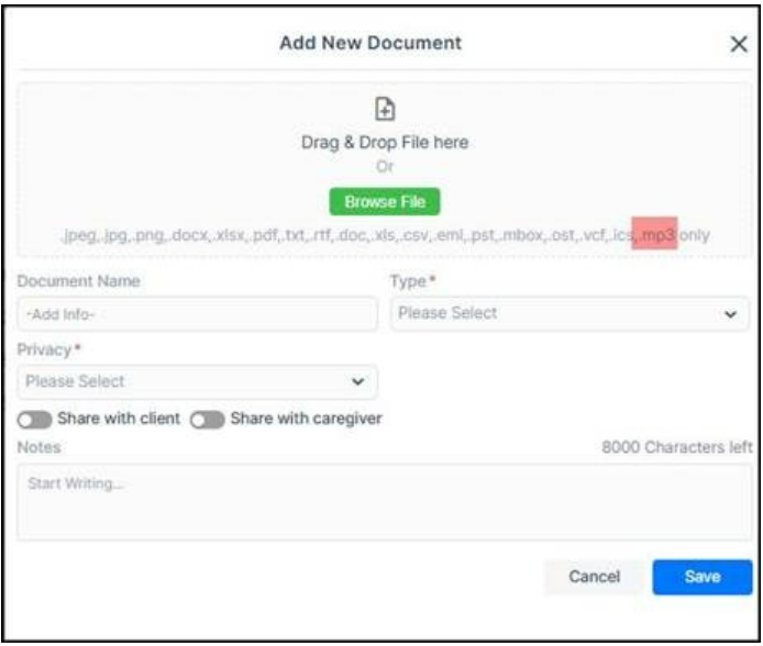 Audio files update in the document section - CareSmartz360 software