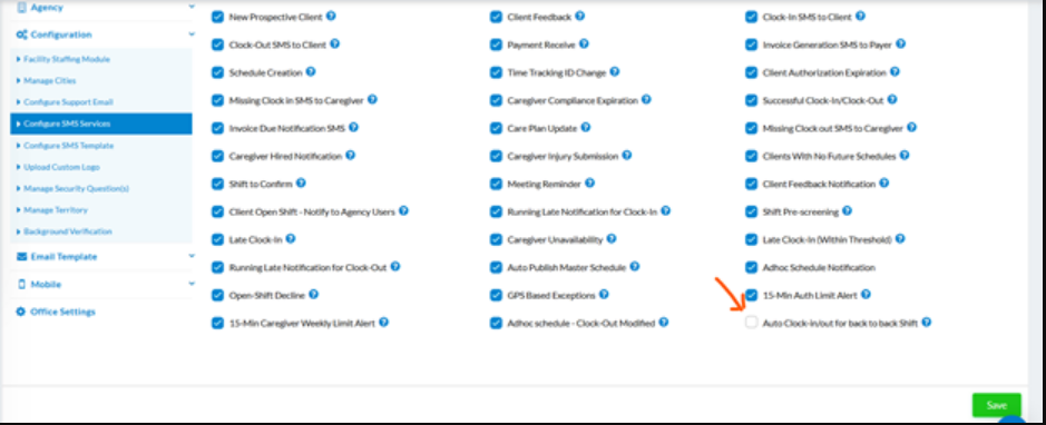 Updated SMS service configuration - Agency portal