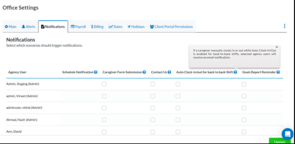 New auto clock-in/out alert setting - Agency portal