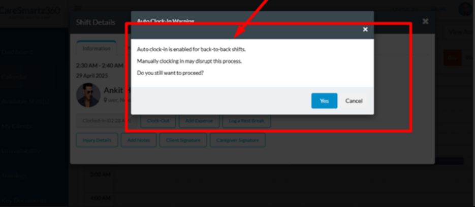 Caregiver app: Alert for manual clock-in on auto shifts