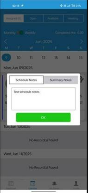 new pop-up for schedule notes in Caregiver app