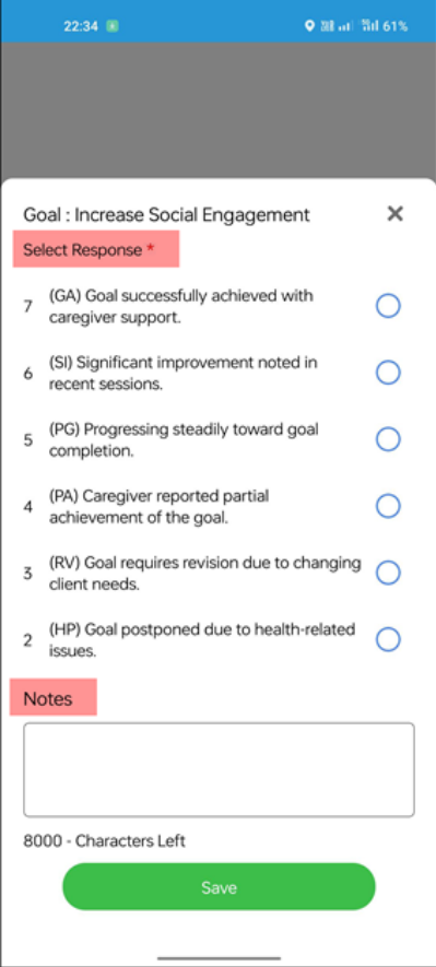 Updated goal response form in caregiver visit workflow