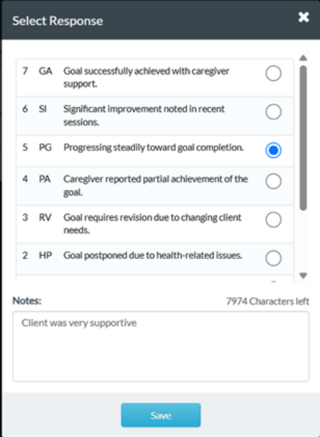 Caregiver goal responses via predefined options or notes - Caregiver app
