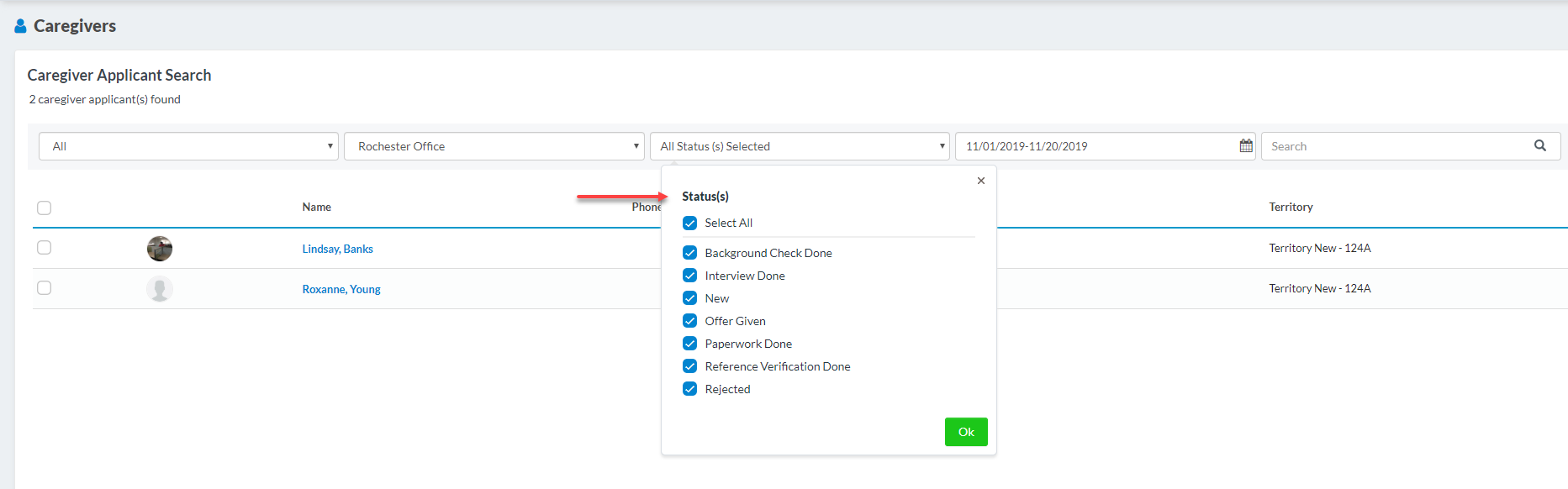 Caregiver Applicants Section Filters