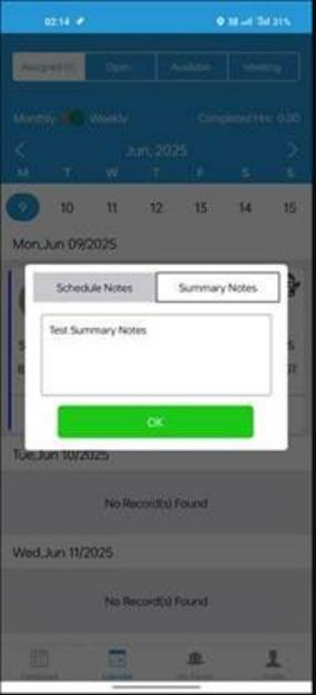 Summary Notes in a pop-up in Caregiver mobile app