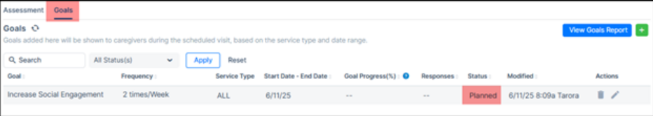 Updated goal tracking in client profile