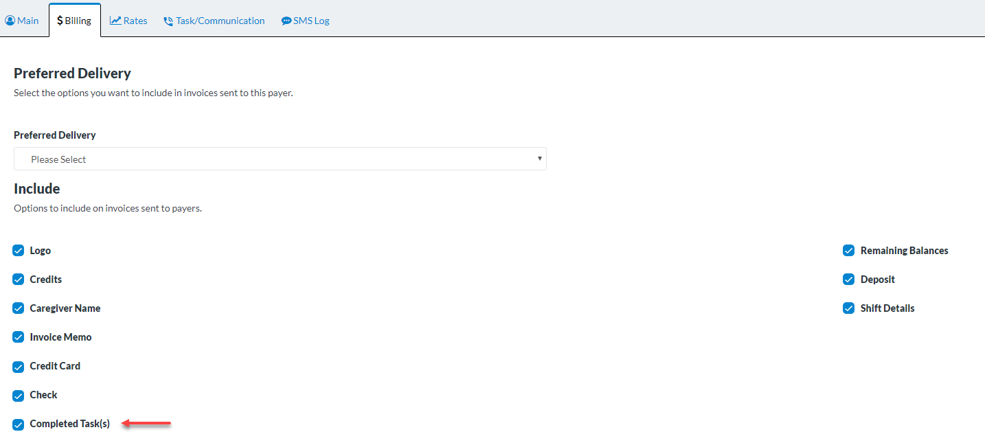 Completed Tasks on payer Invoice