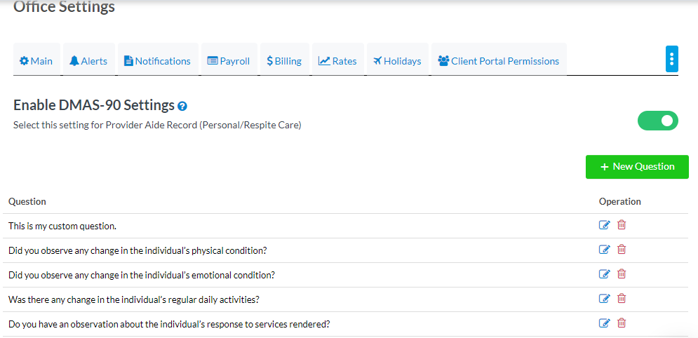 CONFIGURE DMAS90 QUESTIONNAIRE
