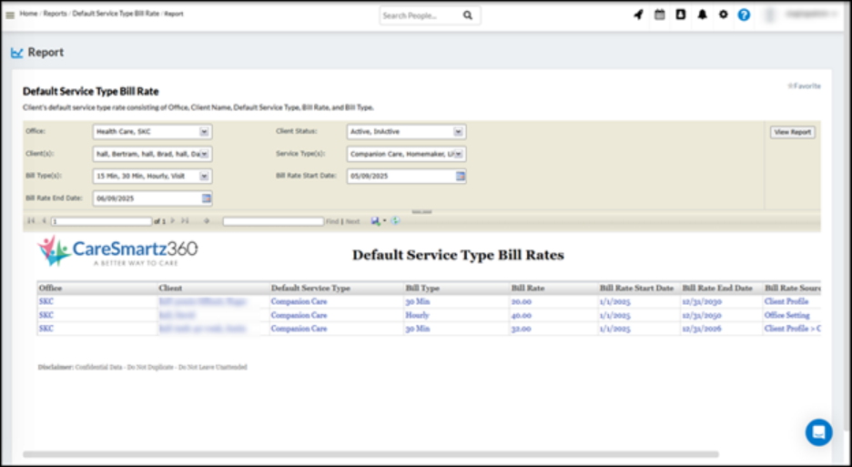 New default service type bill rate report in client reports section