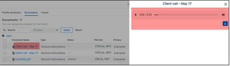 mp3 uploads feature in documents section - caregiver portals