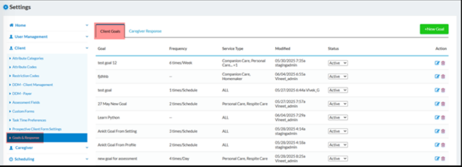 New update to managing client goals - Homecare Agency Portal