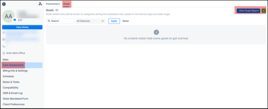 Goals' tab in client care assessment
