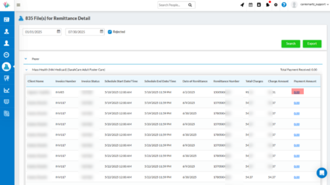 Update in 835 Remittance showing claim denial and adjustment reason codes